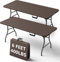 6FT Folding Table, Heavy Duty Plastic Fold-in-Half Utility Table with Handle, Portable Camping Picnic Table with Steel Legs for Indoor Outdoor Party, Dining, Brown,2 Pack