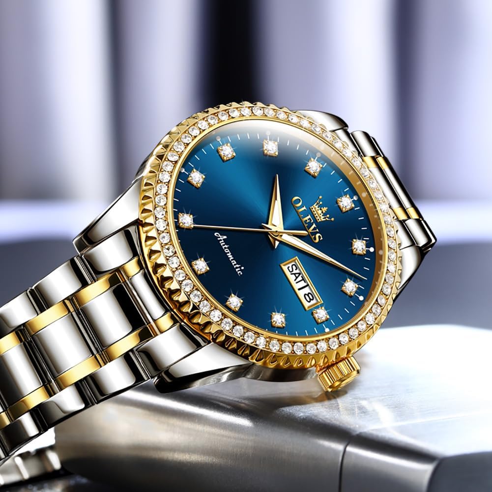 OLEVS Watches for Men Analog Quartz Luxury Diamond Waterproof Chronograph Stainless Steel Big Face Square Date Moon Phase Roman Numeral Dress Mens Watches
