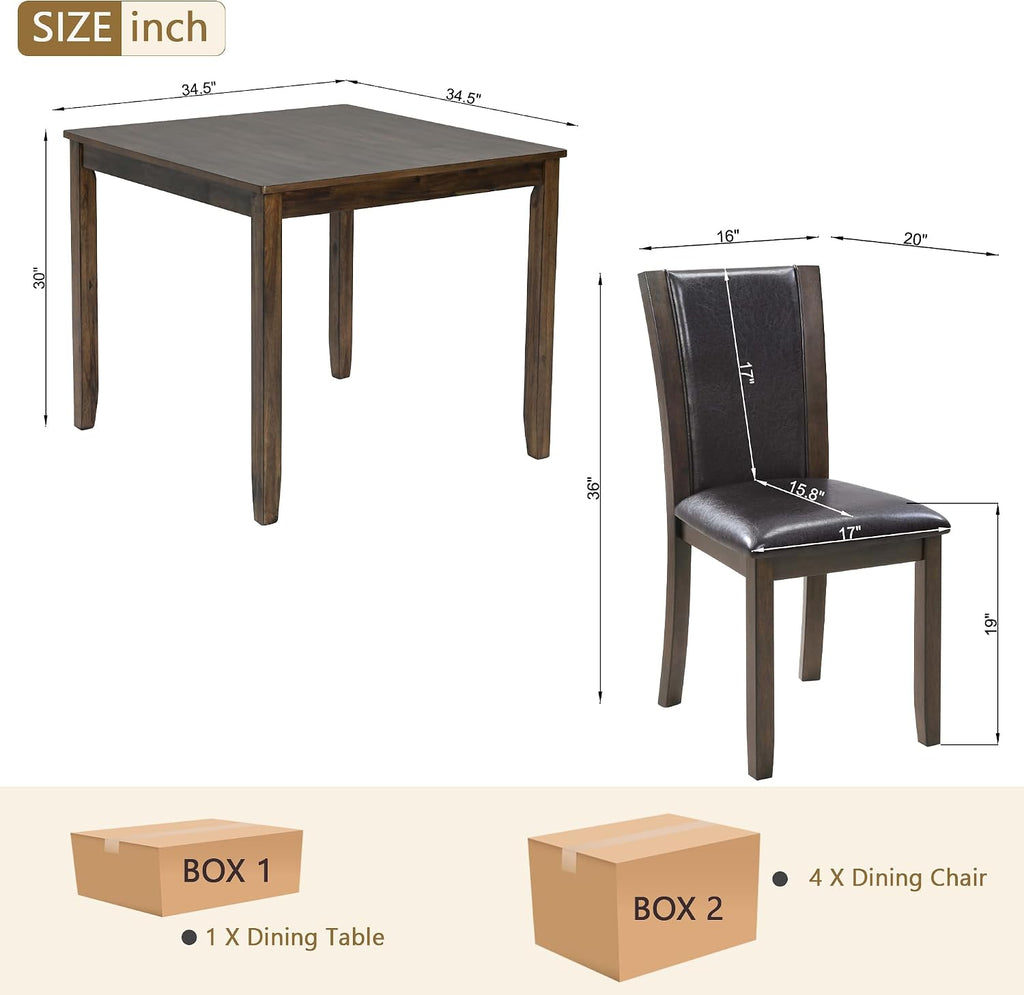 LUMISOL Dining Table Set for 4, Farmhouse Kitchen Table Set with PU Leather Dining Chairs, 5-Piece Wood Dining Sets, Dark Walnut