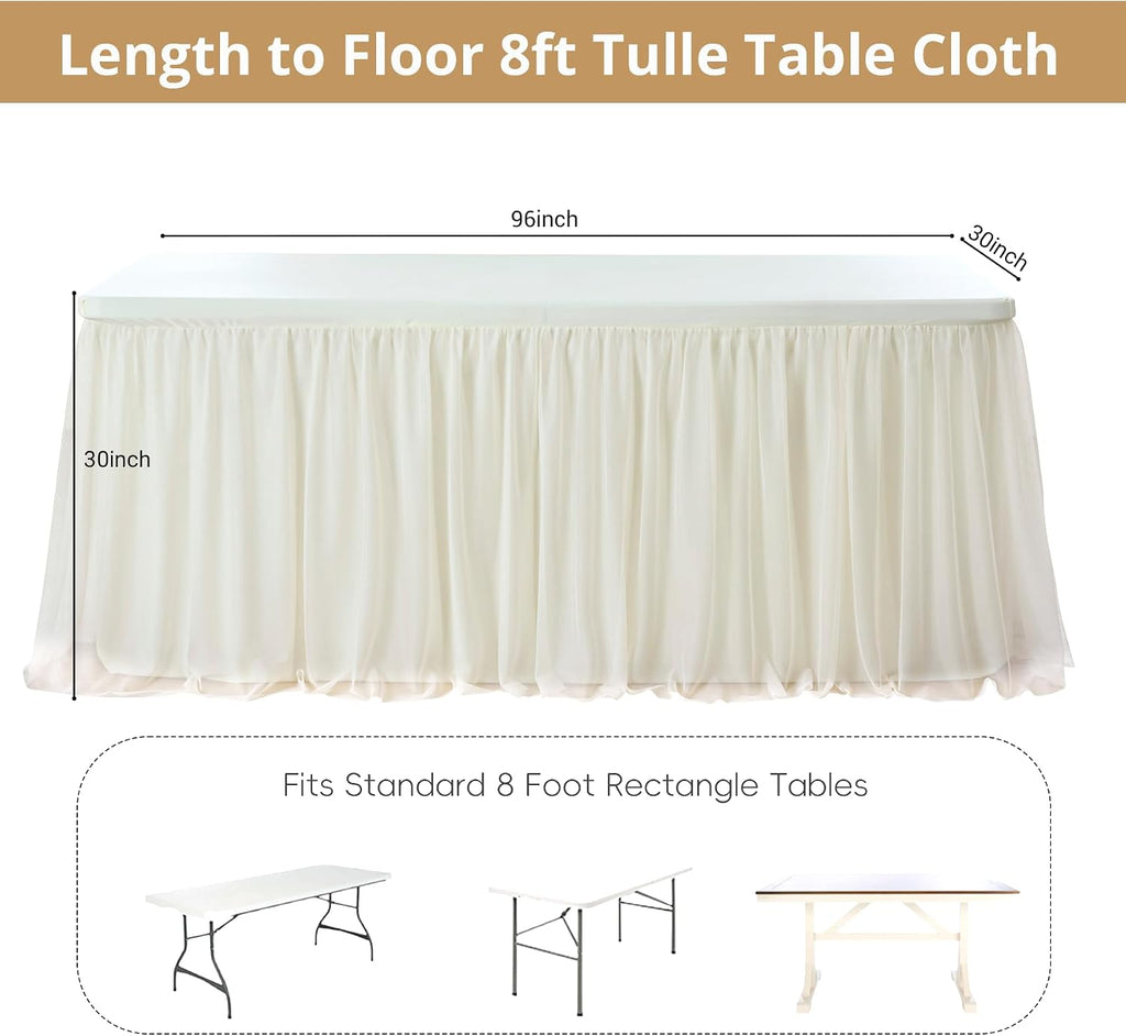 leegleri 4 pk 8ft Ivory Tulle Tablecloth for Rectangle Tables, 2-in-1 Cream Table Covers with Tulle Skirt,Wrinkle Free Stretchy Ruffle Tulle Table Cloths Fitted for Wedding Party Banquet Vendor