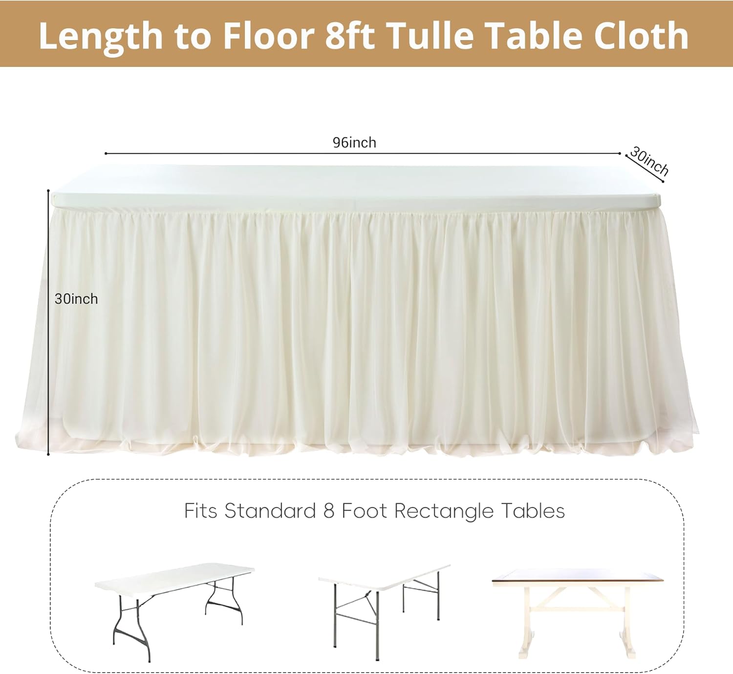 leegleri 6 pk 8ft Ivory Tulle Tablecloth for Rectangle Tables, 2-in-1 Cream Table Covers with Tulle Skirt,Wrinkle Free Stretchy Ruffle Tulle Table Cloths Fitted for Wedding Party Banquet Vendor