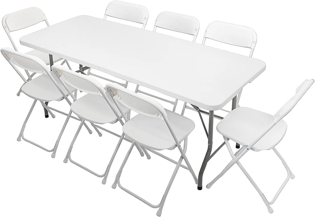VINGLI 6 FT Plastic Folding Table Set with 8 White Folding Chairs for Picnic, Event, Training, Outdoor Activities, at Home and Commercial Use
