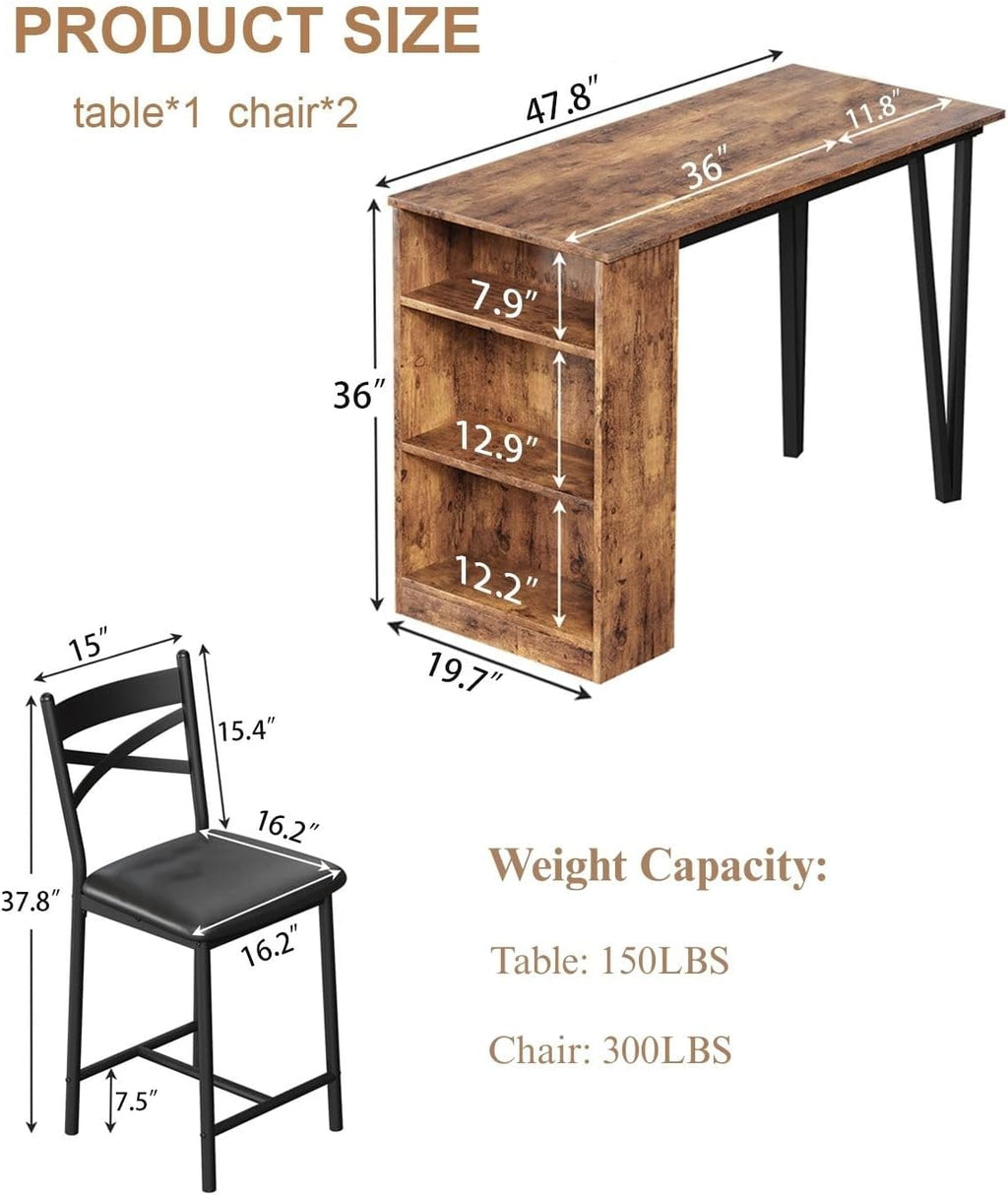 Garvee Bar Table and Chairs Set, 3 Piece Bar Table Set with with Flip Top Extension and Storage Shelves, Dining Table Set for 2, Suitable for Small Space Kitchen Apartment, Brown