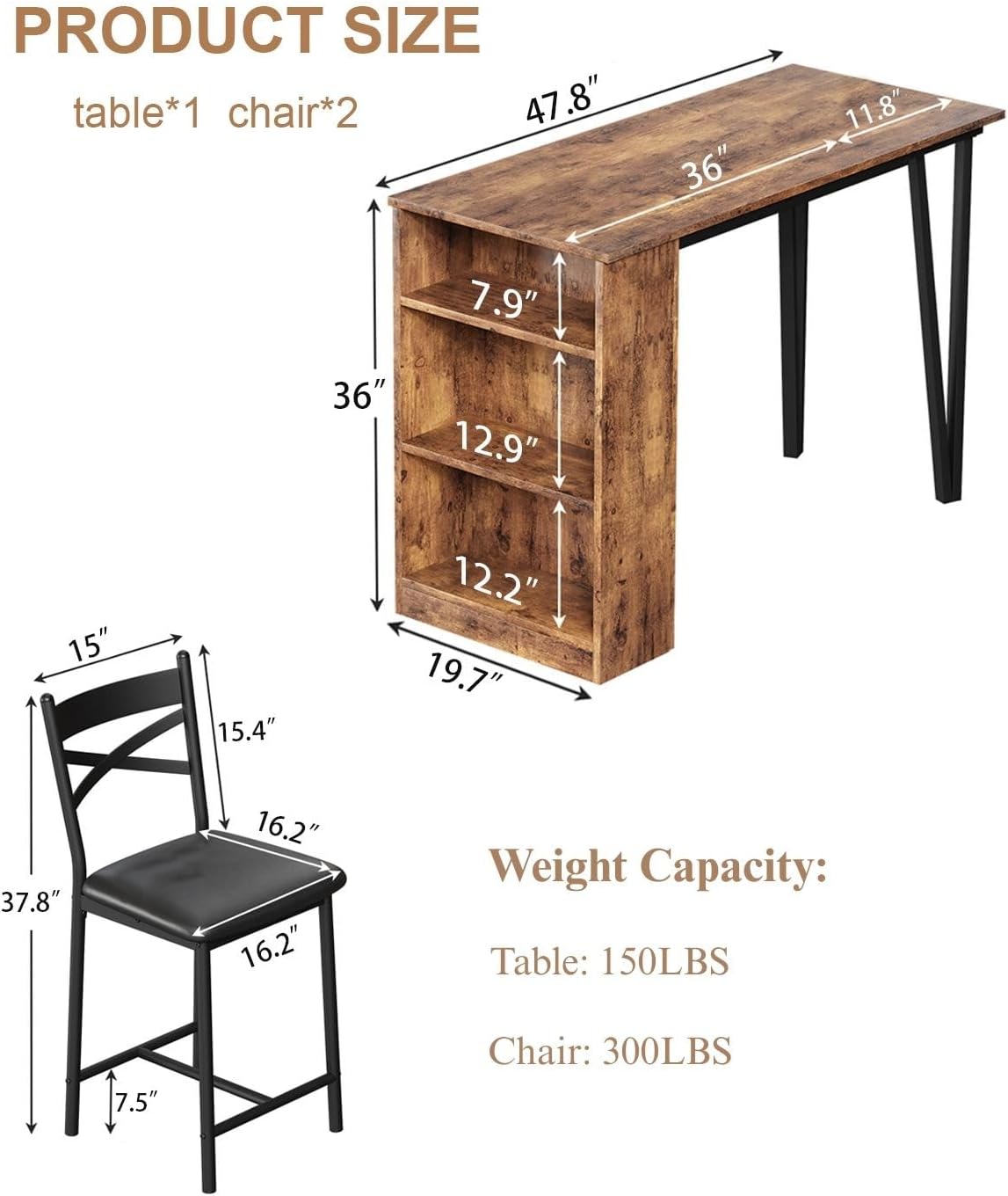 Garvee Bar Table and Chairs Set, 3 Piece Bar Table Set with with Flip Top Extension and Storage Shelves, Dining Table Set for 2, Suitable for Small Space Kitchen Apartment, Brown