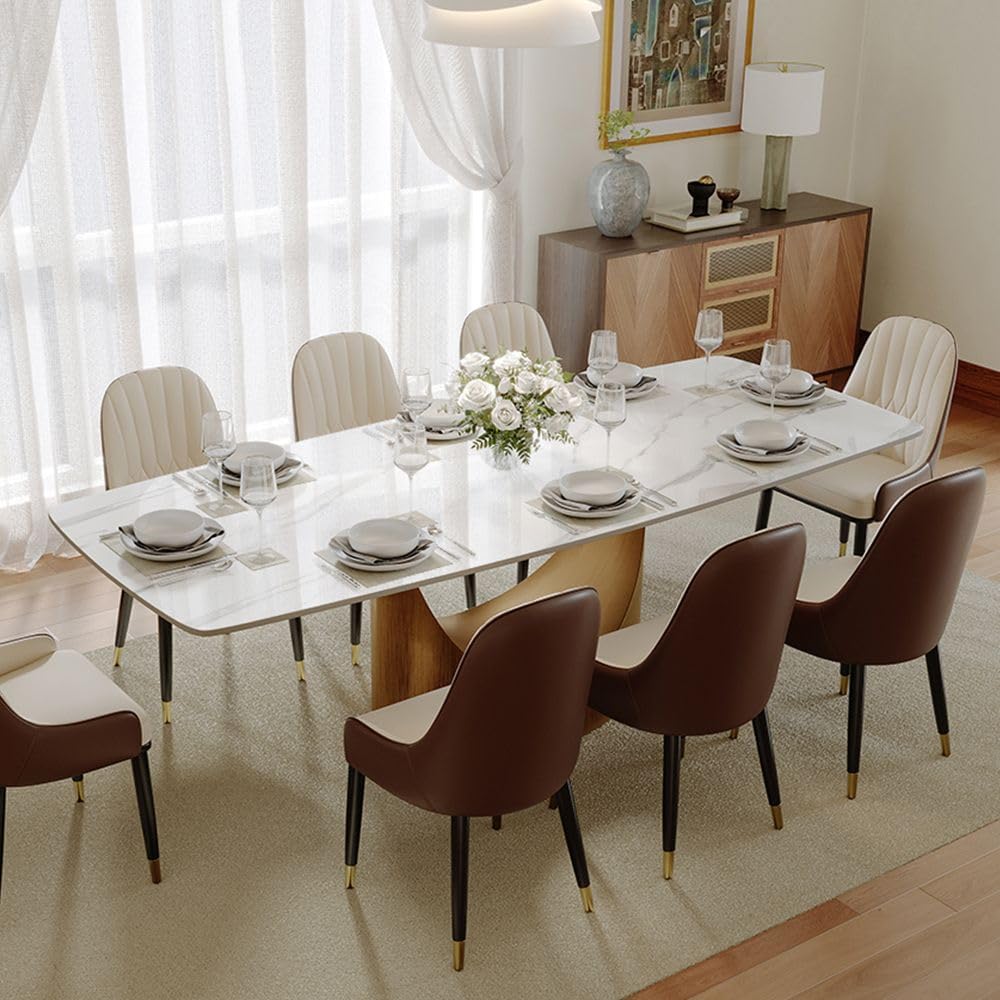 POVISON 94' Modern Dining Table for 8-10, Glossy White Dining Table Sintered Stone Minimalist Tabletop with Bronze Carbon Steel Pedestal for Dining Room (Table Only)