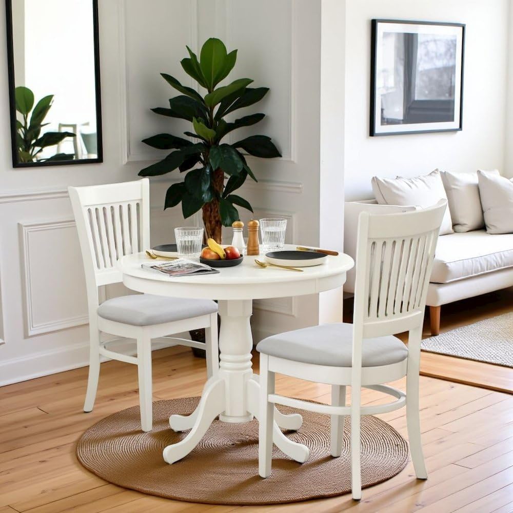 Furnifact White Solid Wood 5 Pc Dining Room Set, Breakfast Nook Table with Slatted Chairs, Kitchen Table and Chairs for 4, Compact Seating Option