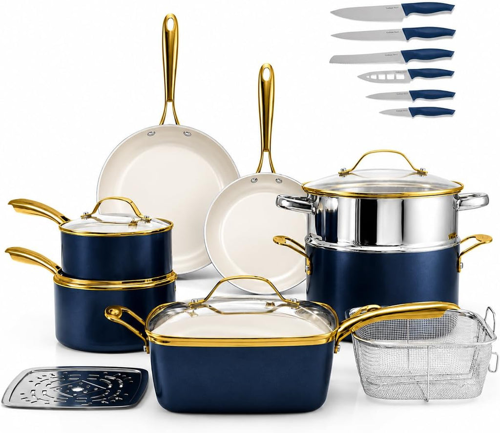 Gotham Steel 20pcs Pots and Pans Set Non Stick Ceramic Cookware Set with Deep Frying Pan Set & 6pc Knife Set, Improved Ti-Cerama Coating Made without PFOA PFOS Lasts 2x Longer, Oven & Dishwasher Safe