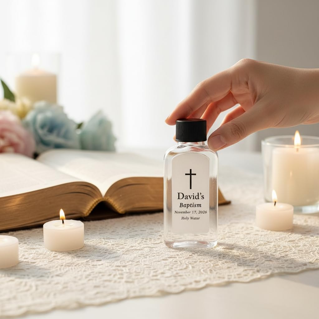 Custom 100cc Round Plastic Bottles - 3.4 oz Holy Water Favors with Minimalist Black or White Caps - Personalized Labels - Ideal for Confirmation Gifts & First Holy Communion Keepsakes (150)