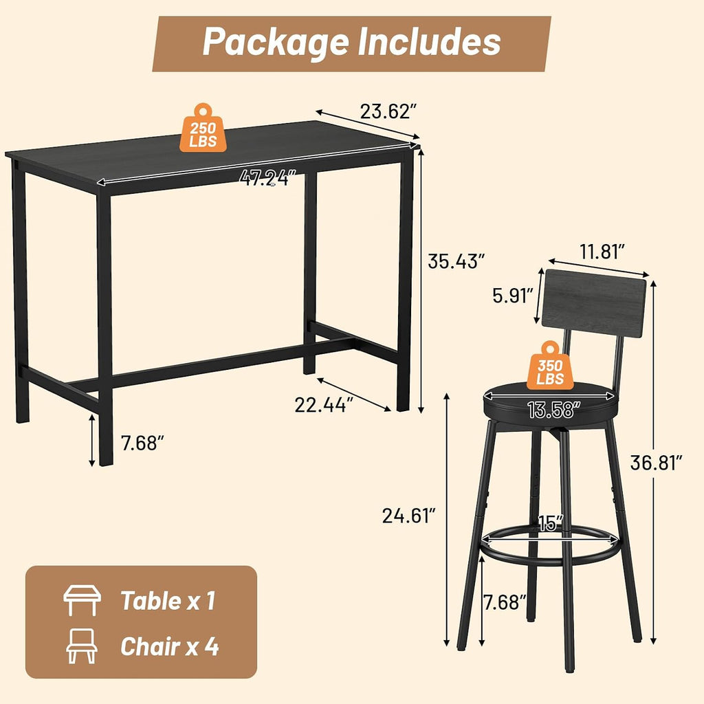 Zevemomo 5-Piece Dining Table Set, Bar Table Set for 4, Kitchen Table and Chairs, Counter Height High Top Table with 4 PU Upholstered Stools, Space-Saving Pub Table Sets for Small Space, Black