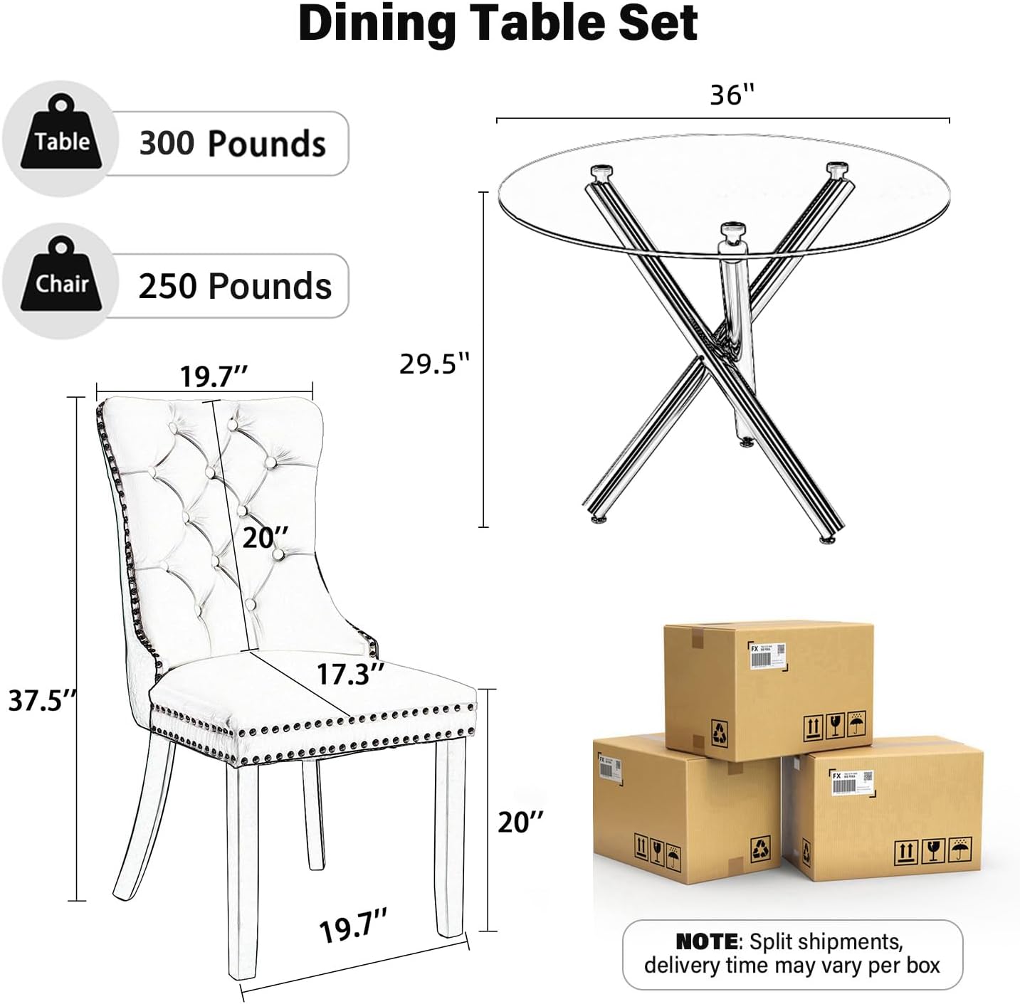 Modern Luxury Round Glass Dining Set for 4, 5 Pcs Small Minimalist Circle Kitchen Table Set, 36'' Clear Circular Glass Top Dinner Room Set, Green High-end Tufted Chairs, for Apartment (Black)