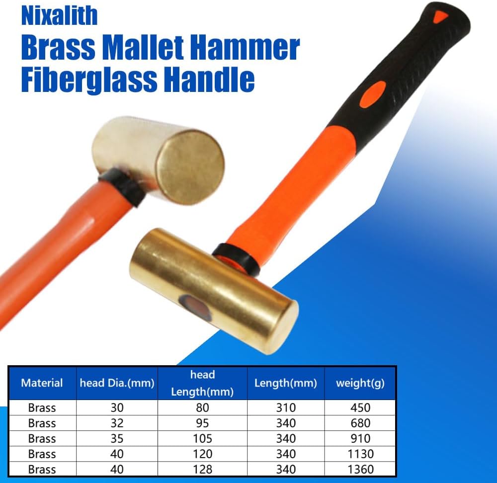 Nixalith Ball Pein Hammer, 13 Inches(Length 340mm), 120-Millimeter Brass Head and Fiberglass Handle,40-Ounce Jewelry-Making Tool Brass Mallet Hammer 1130g
