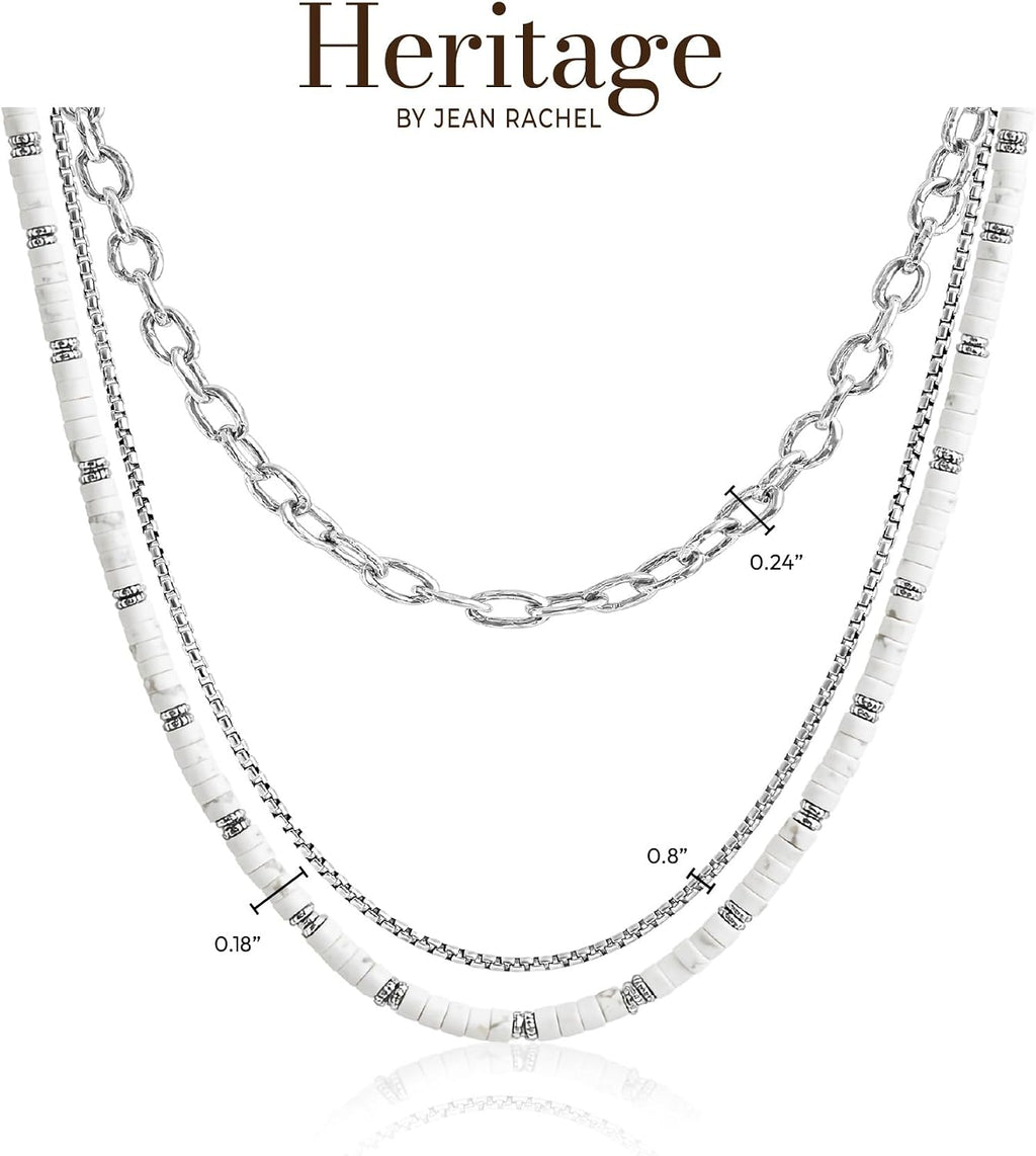 JEAN RACHEL JEWELRY Men's 3-Piece Necklace Layering Set - Hammered Link Chain, Sleek Box Chain & White Buffalo Turquoise Beads - Refined Bundle