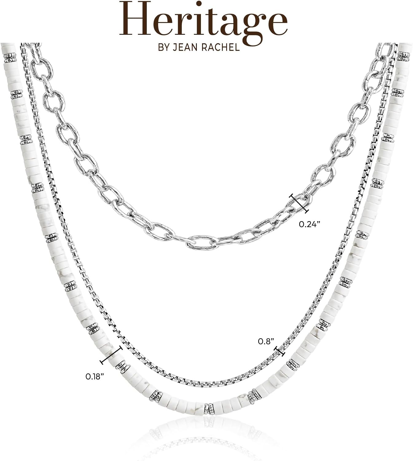 JEAN RACHEL JEWELRY Men's 3-Piece Necklace Layering Set - Hammered Link Chain, Sleek Box Chain & White Buffalo Turquoise Beads - Refined Bundle