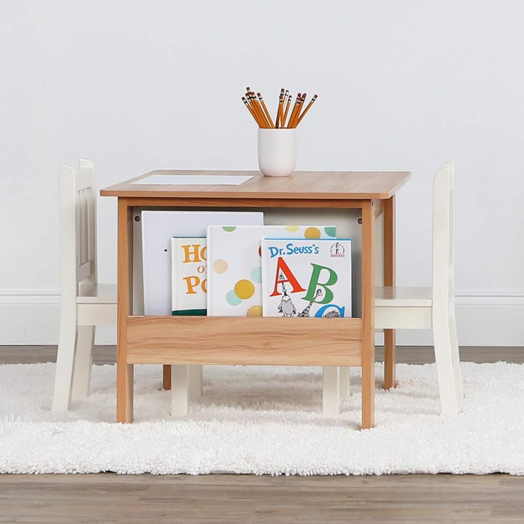 Humble Crew Kids Wood Table and 2 Chairs Set with Built-In Book Storage, Natural/White, Study and Activity Table for Toddlers Ages 3-8, Easy Assembly, Durable Wooden Furniture