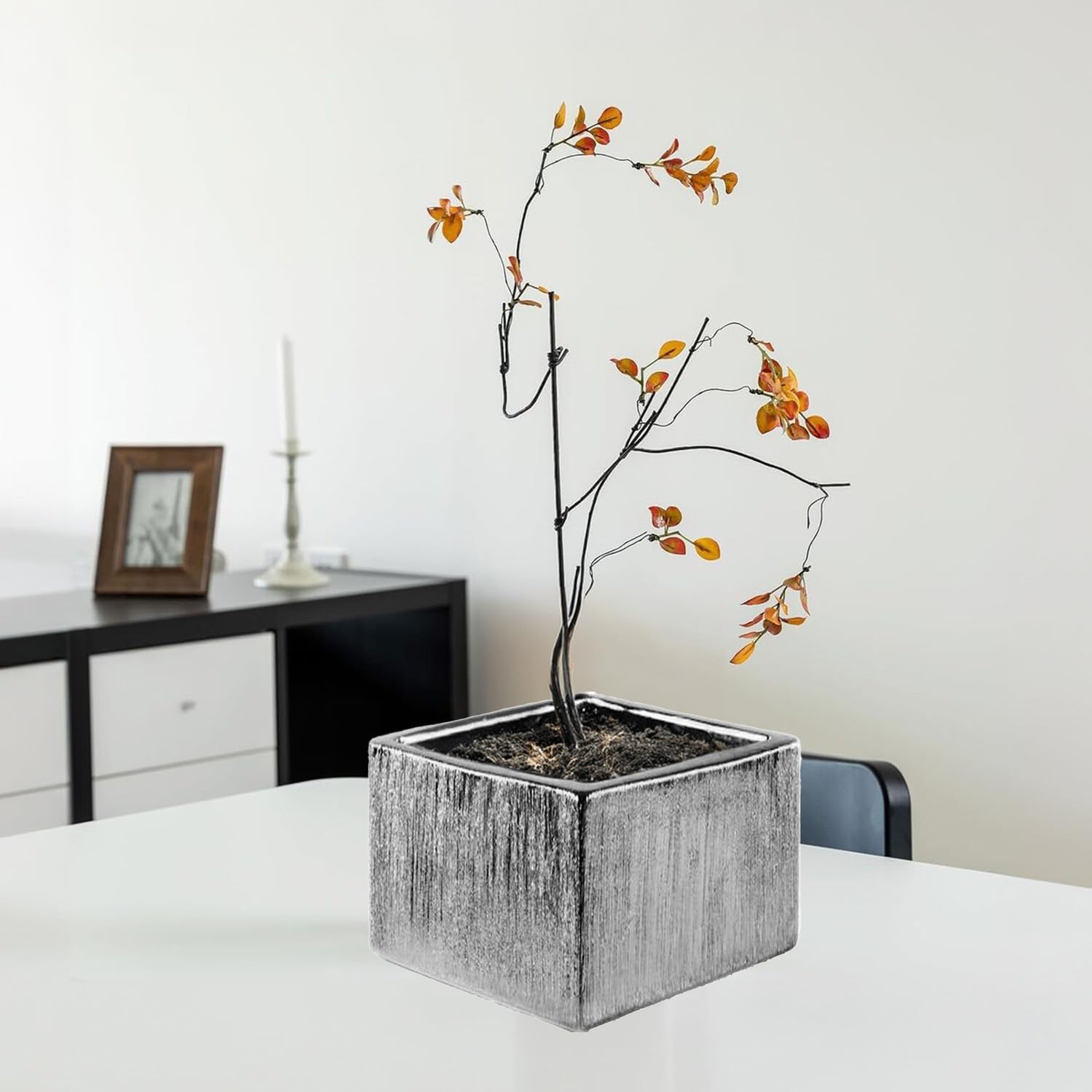 WGVI Silver Scratched Square Ceramic Vase, Width 6', Height 4', Elegant Morden Short Square Pan Floral Planter Terrarium Pot Container Tabletop for Event Accent Home Decor 12 Pieces