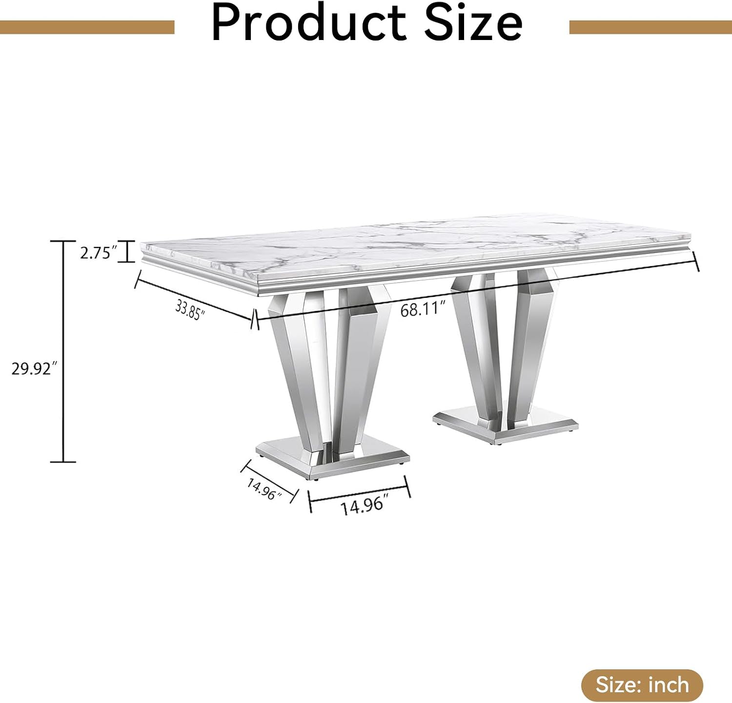 68' White Marble Dining Table for 6-8, Mid Century Modern Dining Table with Faux Marble Top & Mirrored Dimaond Shape Stainless Steel Base, Large Luxury Rectangular Dinner Table for Kitchen Dining Room
