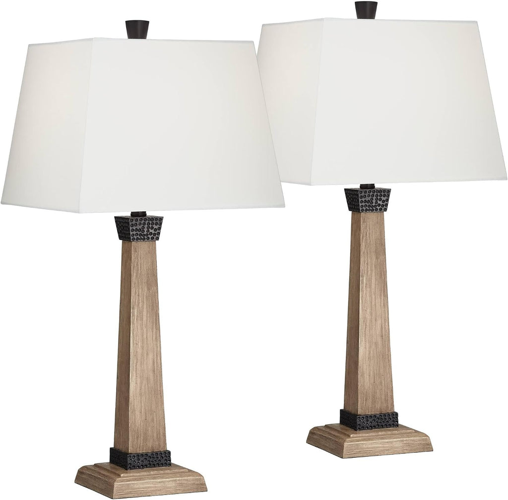 John Timberland Montrose Buchan 29 1/2' Tall Pedestal Farmhouse Rustic Traditional End Table Lamps Set of 2 with Smart Sockets Brown Wood Finish Living Room Bedroom Bedside House Oatmeal Shade