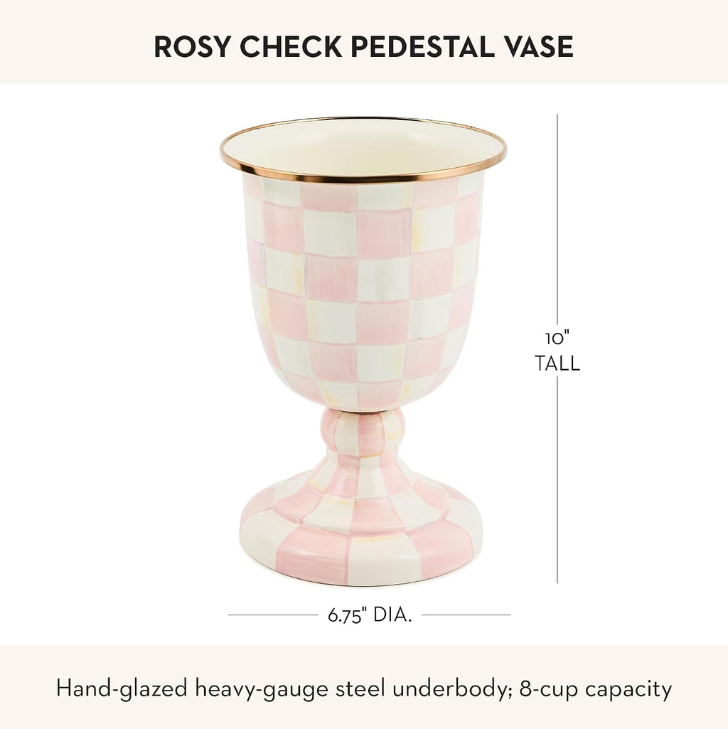 MACKENZIE-CHILDS Pedestal Vase, Decorative Centerpiece and Flower Holder, Pink-and-White Rosy Check