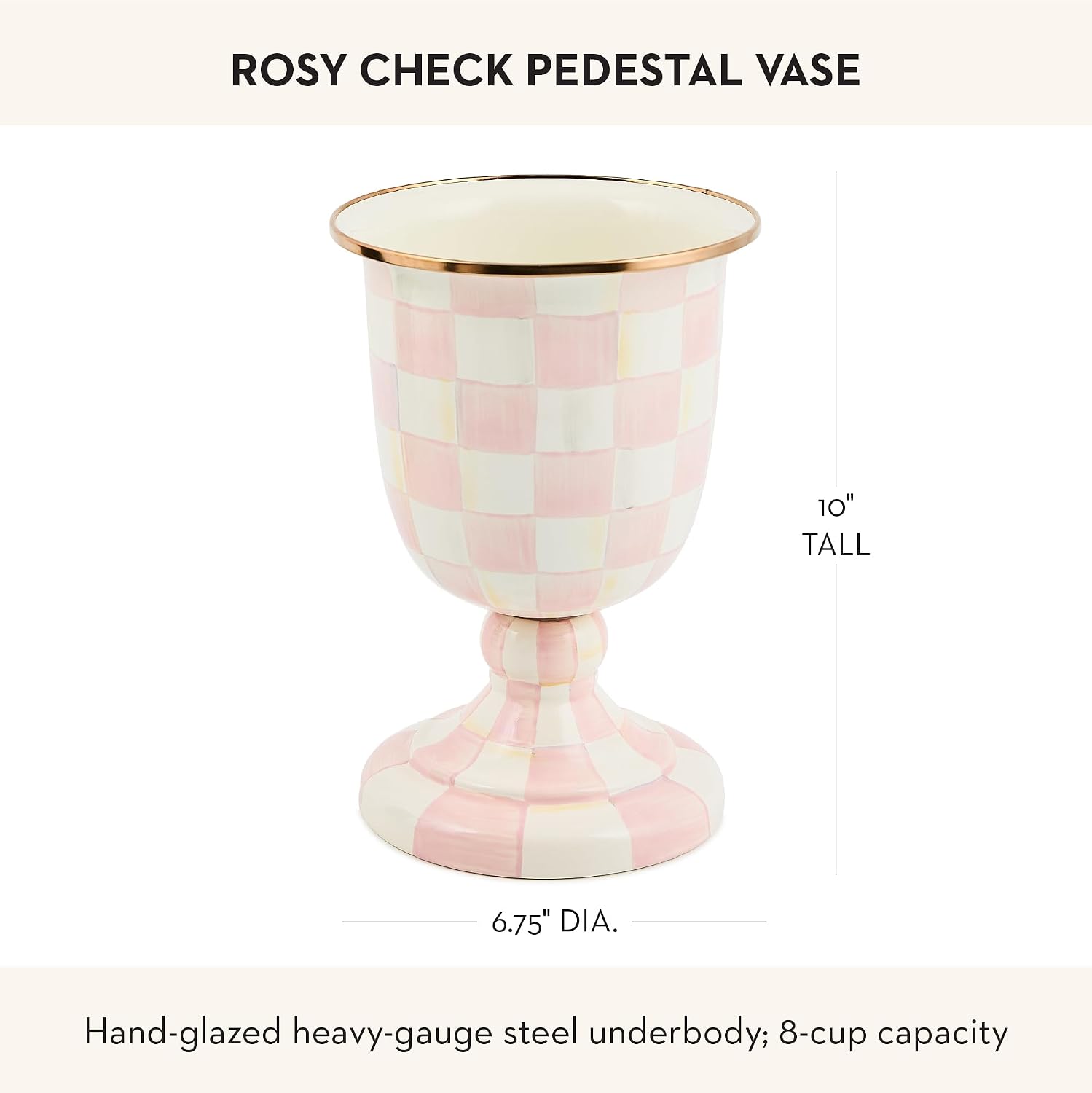 MACKENZIE-CHILDS Pedestal Vase, Decorative Centerpiece and Flower Holder, Pink-and-White Rosy Check