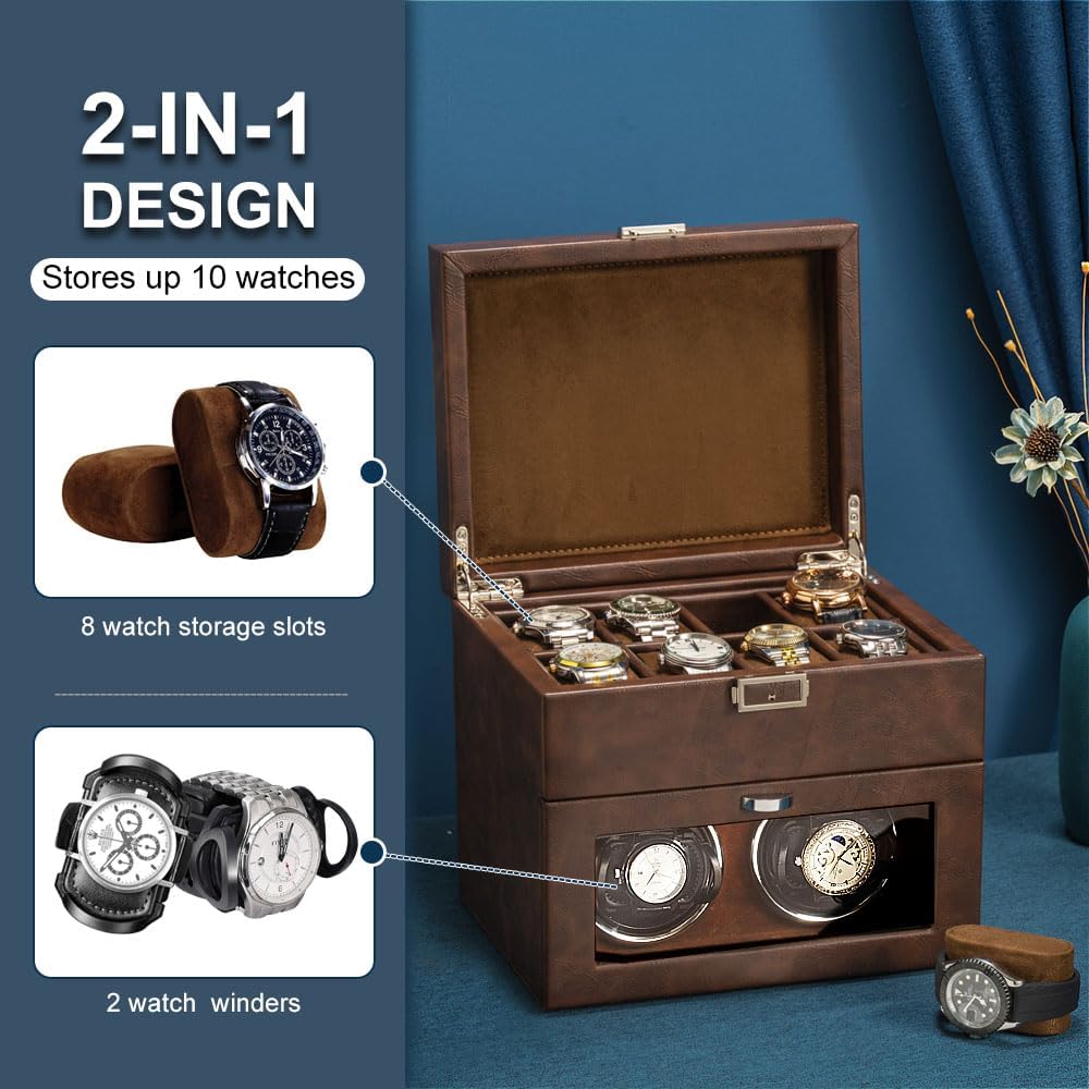 Anyasun Automatic Watch Winder,Double Watch Winder and 8 Extra Storage Display Box with LED Light,Japanese Quiet Motor,Adjustable Watch Pillows,AC Adapter,Father's Day Gift for Men