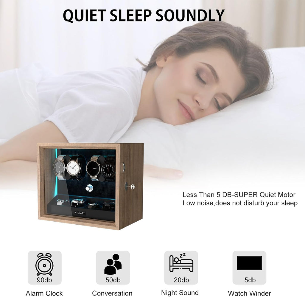 XTELARY Lockable Automatic Watch Winder - 4/6/8/12 Watch Storage, 4 Rotation Modes, Quiet Motor, Backlight