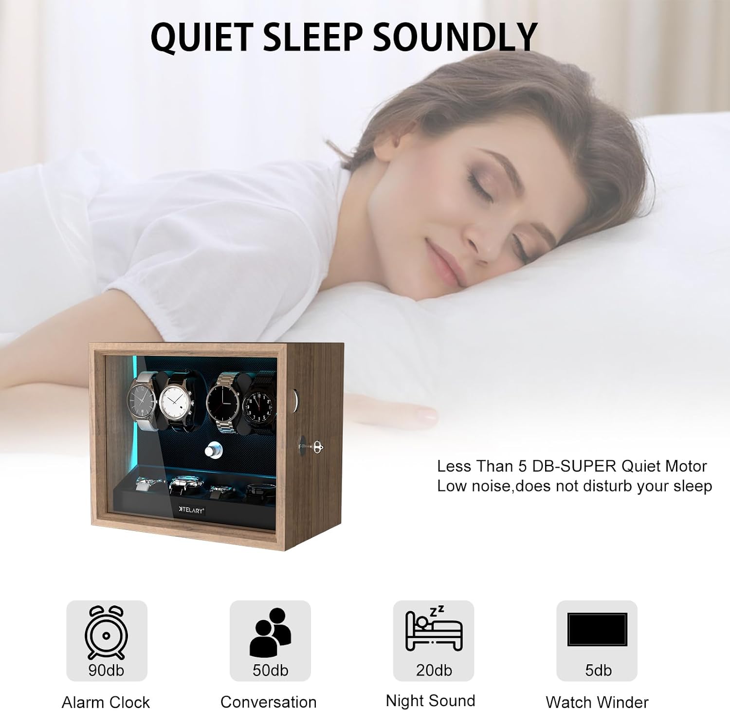 XTELARY Lockable Automatic Watch Winder - 4/6/8/12 Watch Storage, 4 Rotation Modes, Quiet Motor, Backlight