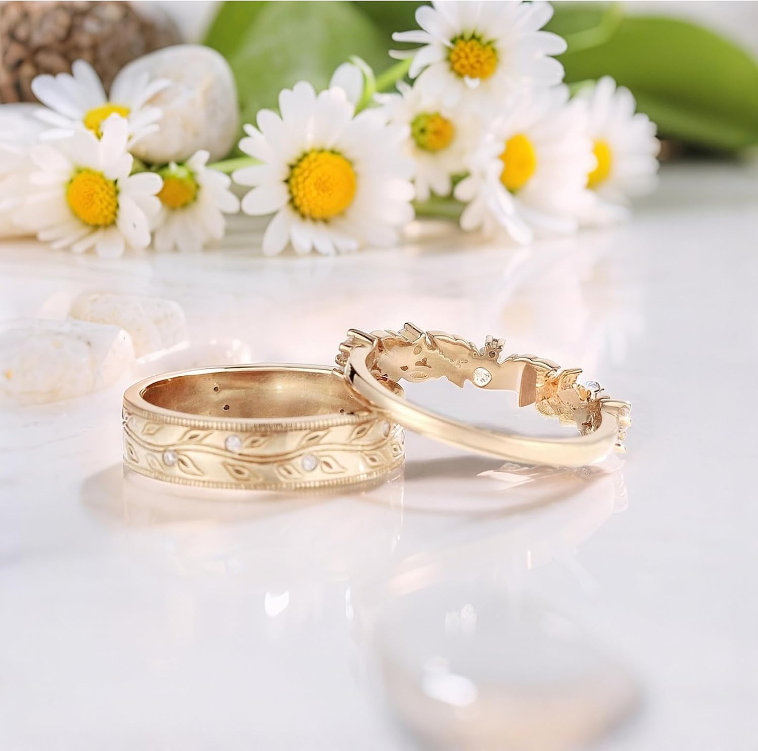 SISGEM Moissanite Couple Rings Set, 10K 14K 18K Solid Gold Moissanite Wedding Rings for Him And Her, Vintage Leaf/Branch Wedding Bands Matching Couple Rings Anniversary Jewelry Gift for Women And Men