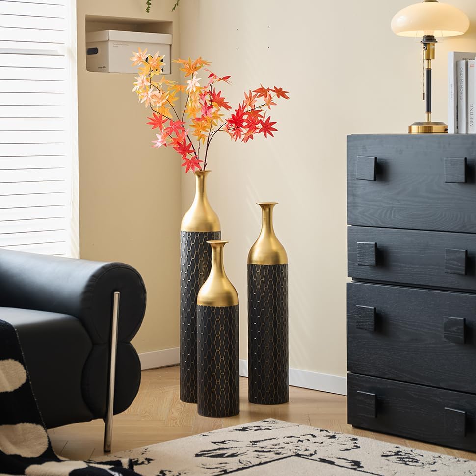 Floor Metal Decorated Vases Set of 3 for Gorgeous Home Decoration Large Glazed Metal Vases (Matte Black)