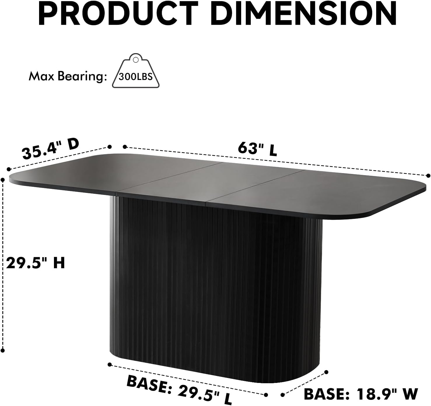Large 63' Large Dining Table for 4 6, [Rounded Corners] [Grooved Pedestal Base] Modern Rectangle Kitchen Dinner Dining Living Room Table Black