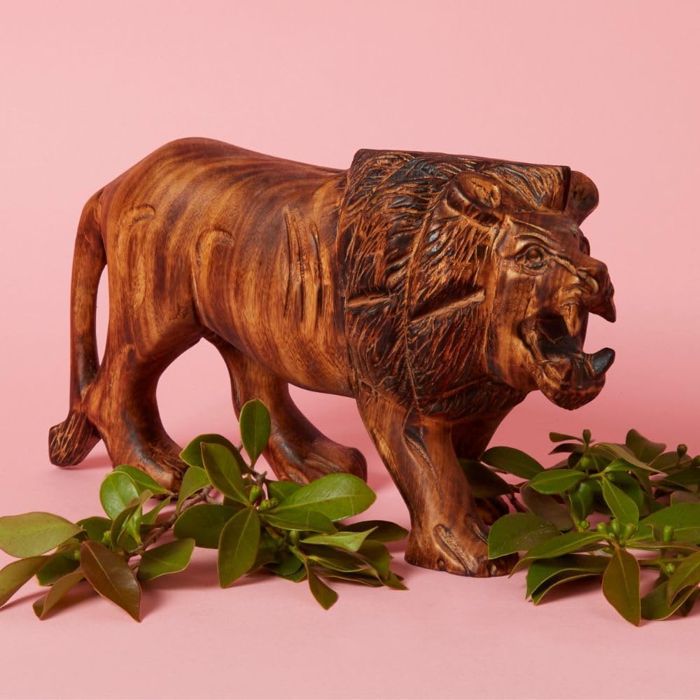 Large Wood Animal Sculptures Set for Room Decor, Giraffe, Hippo, Rhino, Lion and Elephant Statues, Brown