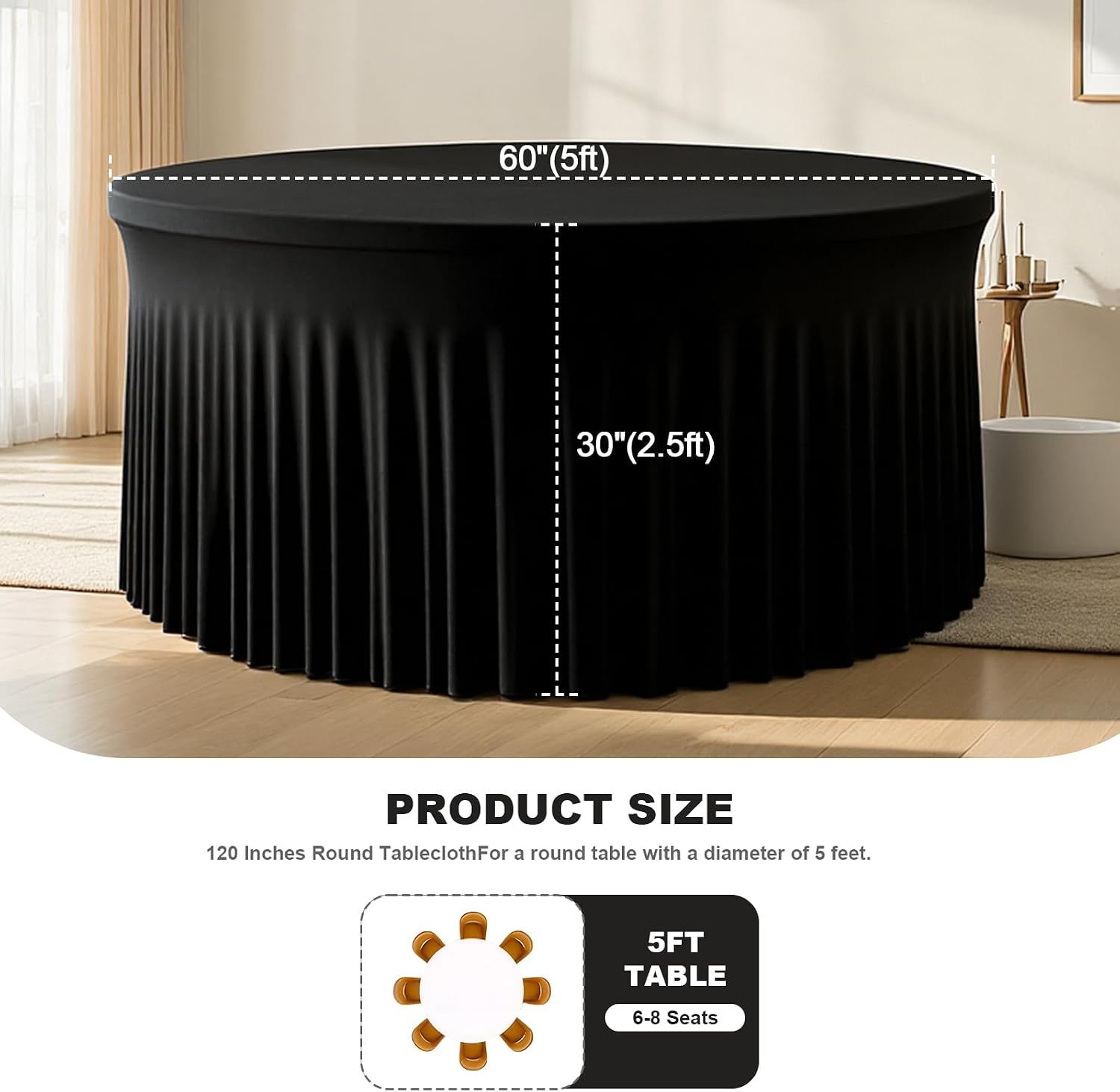 8 Pack Black Round Spandex Tablecloths for 60 inch Table, Wrinkle-Free Stretchy 5FT Fitted Round Table Covers with Skirt for Wedding Birthday Graduation Party Banquet Events