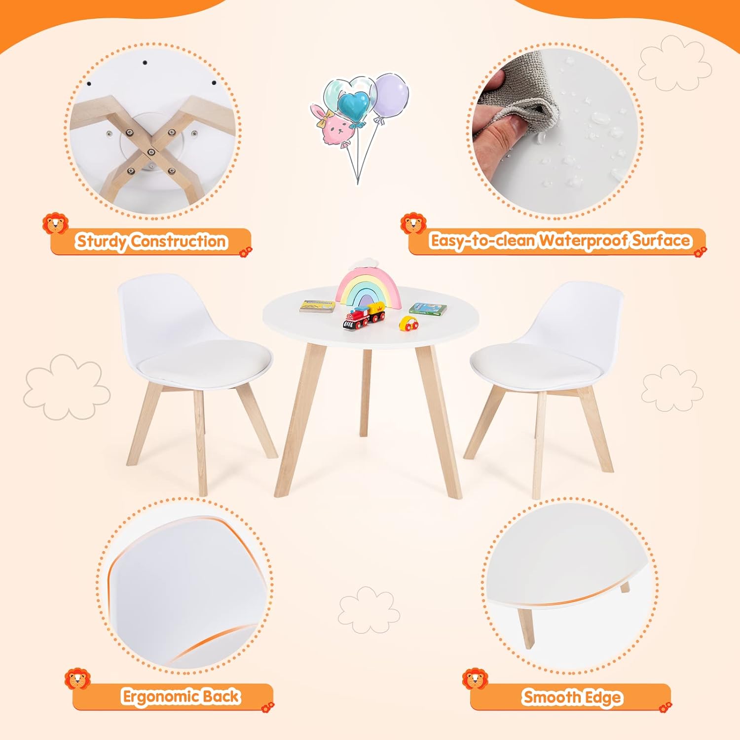 Costzon Kids Table and Chair Set, 3 PCS Wood Activity Play Table w/Padded Seat & Wood Legs for Arts, Crafts, Reading, Preschool, Kindergarten, Playroom, Mid Century Modern Toddler Table and Chairs