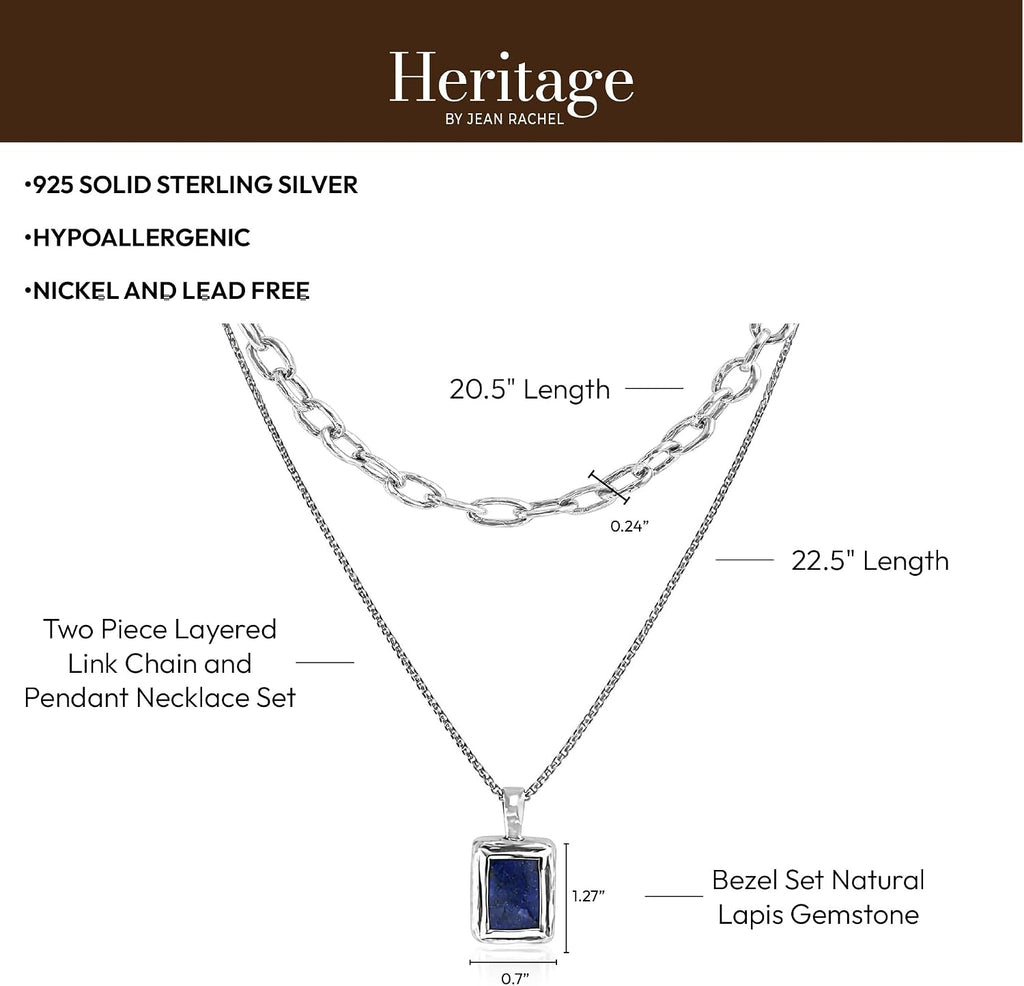 JEAN RACHEL JEWELRY Men's 2-Piece Necklace Layering Set - Solid 925 Sterling Silver Hammered Link Chain & Lapis Lazuli Beads - Curated Stack