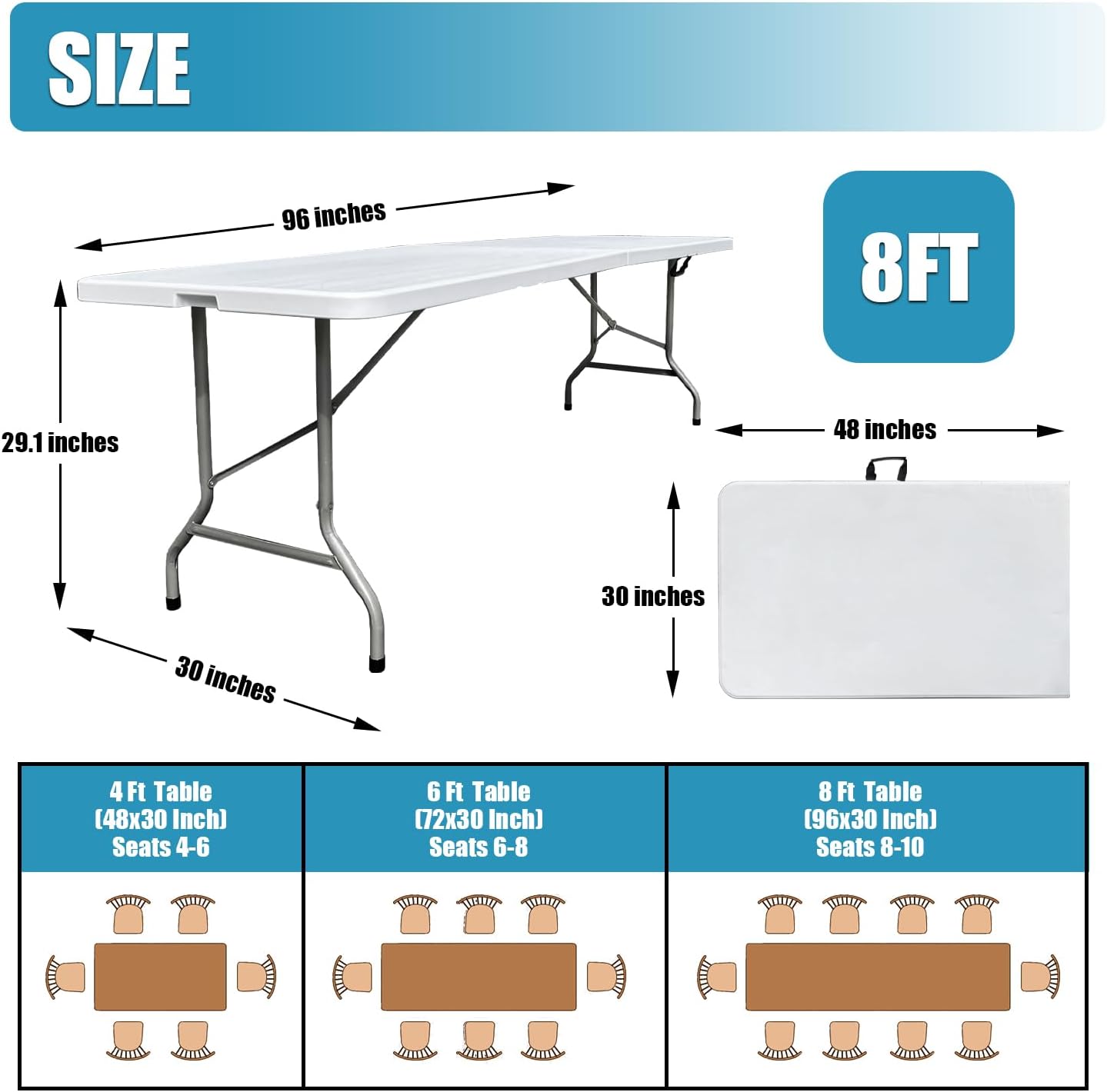 8 Foot Folding Table 8ft Foldable Portable Plastic Picnic Tables with Handle, Fold in Half Heavy Duty Long Large Utility Table, Indoor Outdoor 8' Fold up Card Tables for Party, Dining, White