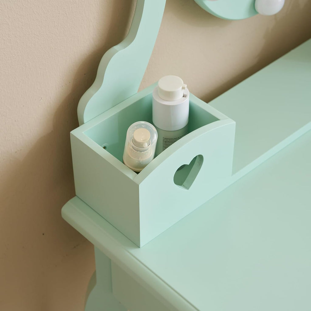 Karl home Kids Vanity Table and Chair Set, Princess MDF Dressing Table with 3-Color LED Lighted Mirror and 3 Drawers, Lovely Waved Design for Toddler's Bedroom and Playroom Decor, Macaroon Green