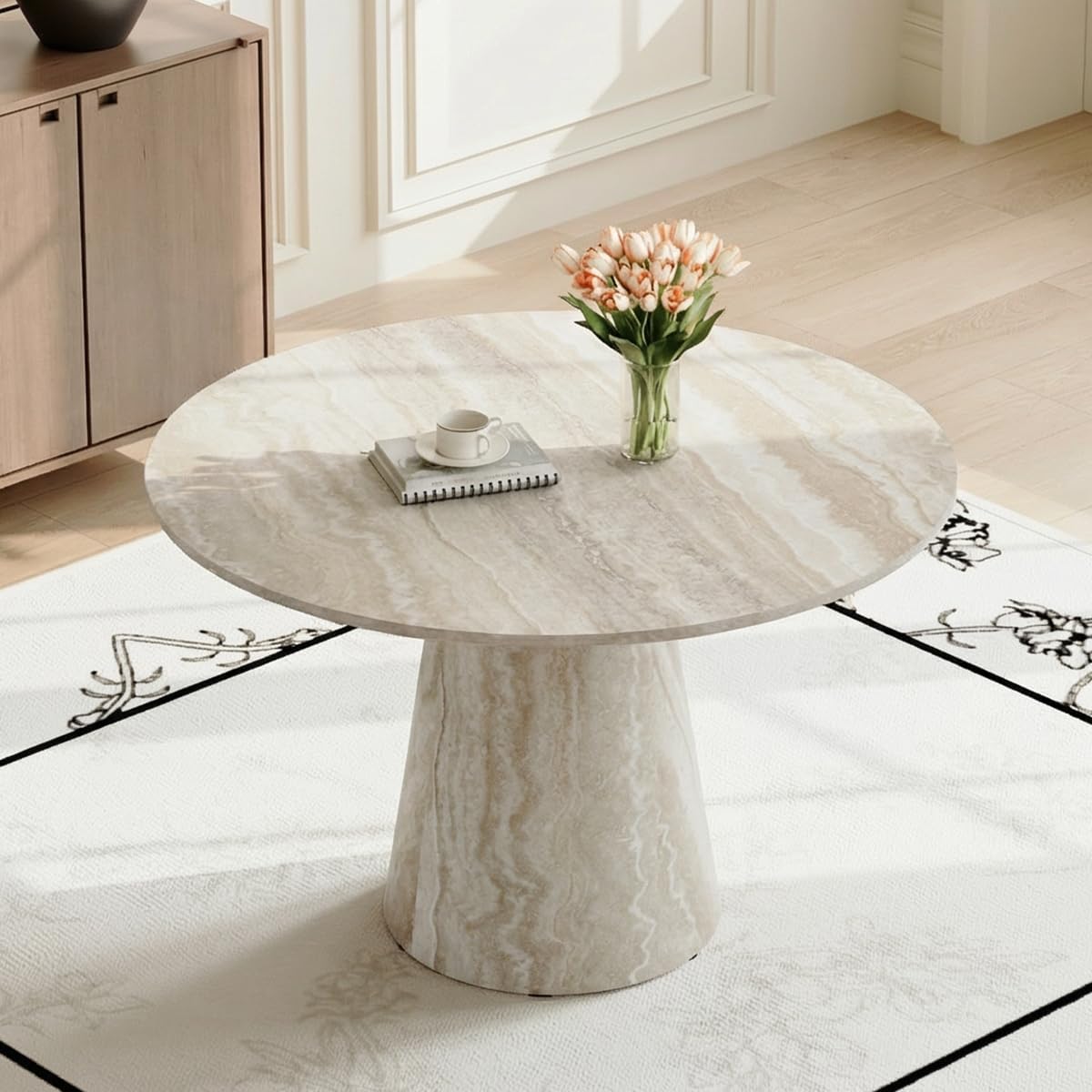 Faux Marble Round Dining Table for 4-6, 45' Modern Farmhouse Round Kitchen Table with 1' Thickened Wood Top & Stable Pedestal for Dining Room,Living Room,Apartment,Restaurant(Beige)