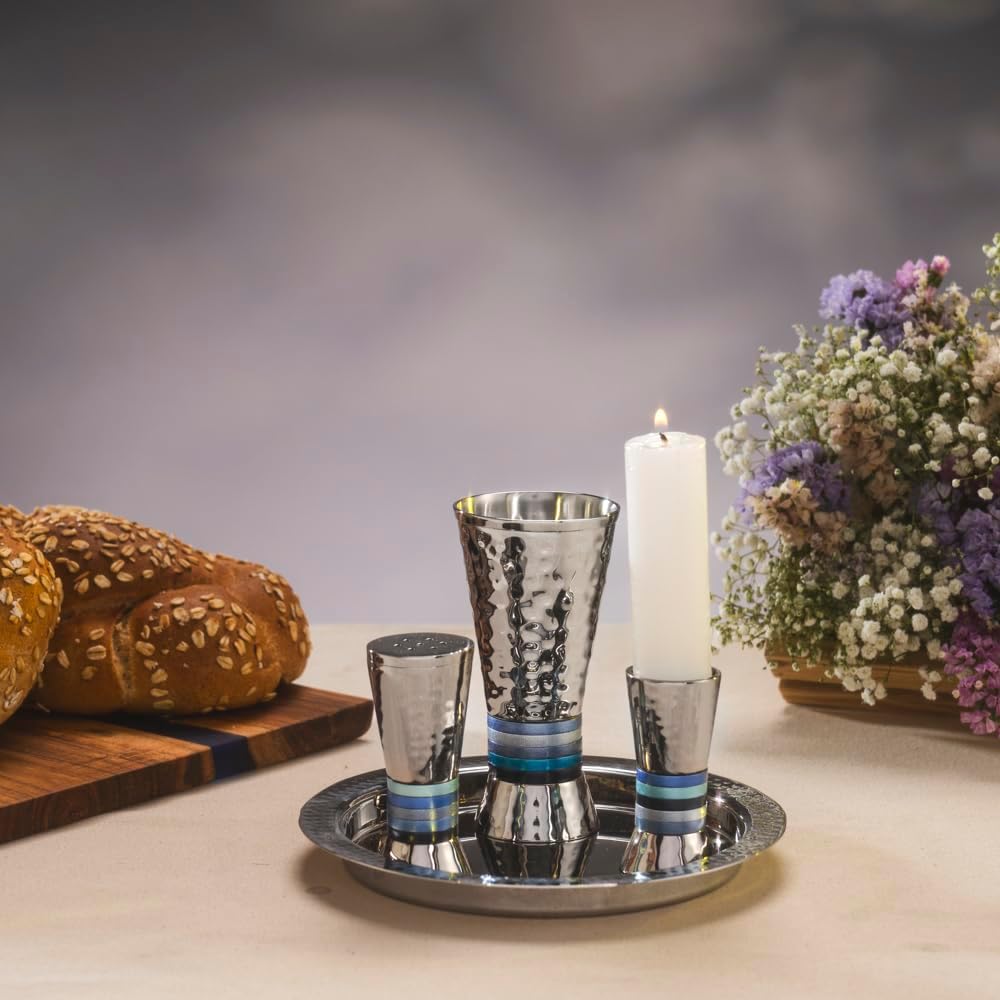 Yair Emanuel Hammered Nickel Cone Shaped Havdallah Set - Blue Rings