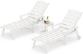 LUE BONA Chaise Lounge Chair with Table, 3-Piece, HDPS Chaise Lounger, 5 Positions Adjustable Lounge Chairs, Pool Lounge Chair with Wheels for Poolside, Backyard, White