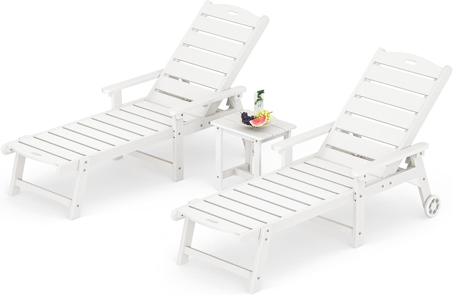 LUE BONA Chaise Lounge Chair with Table, 3-Piece, HDPS Chaise Lounger, 5 Positions Adjustable Lounge Chairs, Pool Lounge Chair with Wheels for Poolside, Backyard, White