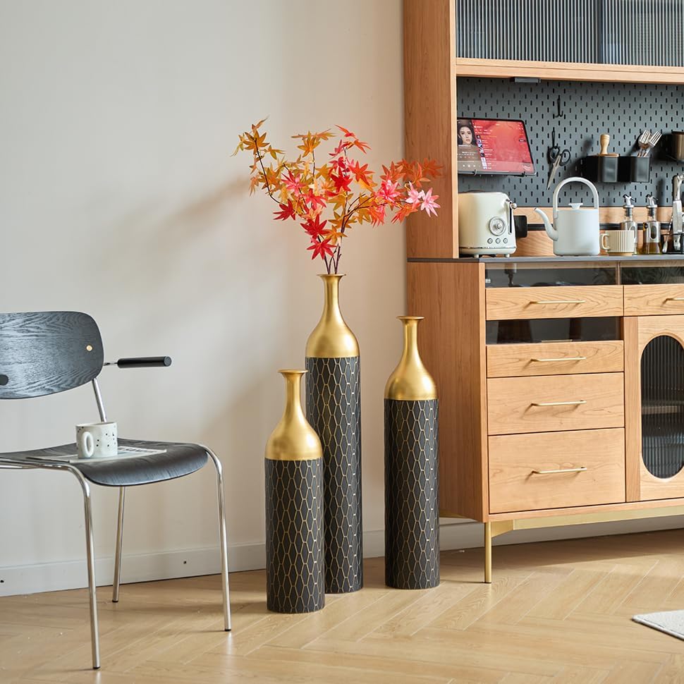 Floor Metal Decorated Vases Set of 3 for Gorgeous Home Decoration Large Glazed Metal Vases (Matte Black)