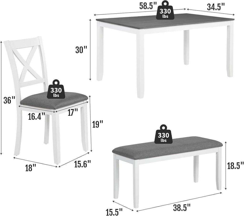 Zevemomo 6-Piece Solid Wood Dining Table Set, Including 1 Dining Table, 4 Upholstered Chairs and 1 Bench, Wooden Legs Dining Table Set for Dining Room, Kitchen, Restaurant, White