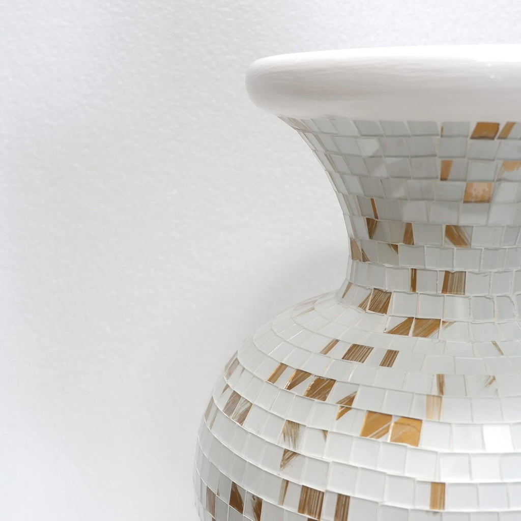 Floor Vase, 24 Inch Mosaic Vase – Tall Cylinder Made of Terracotta with White and Gold Glass Mosaic Pieces – Handcrafted Decorative Home Décor Accent Piece for Bedroom, Living Room, Office