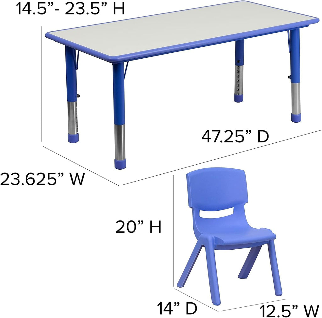 Flash Furniture Emmy Adjustable Classroom Activity Table with 6 Stackable Chairs, Plastic Activity Table for Kids, 23.625' W x 47.25' L, Blue/Gray