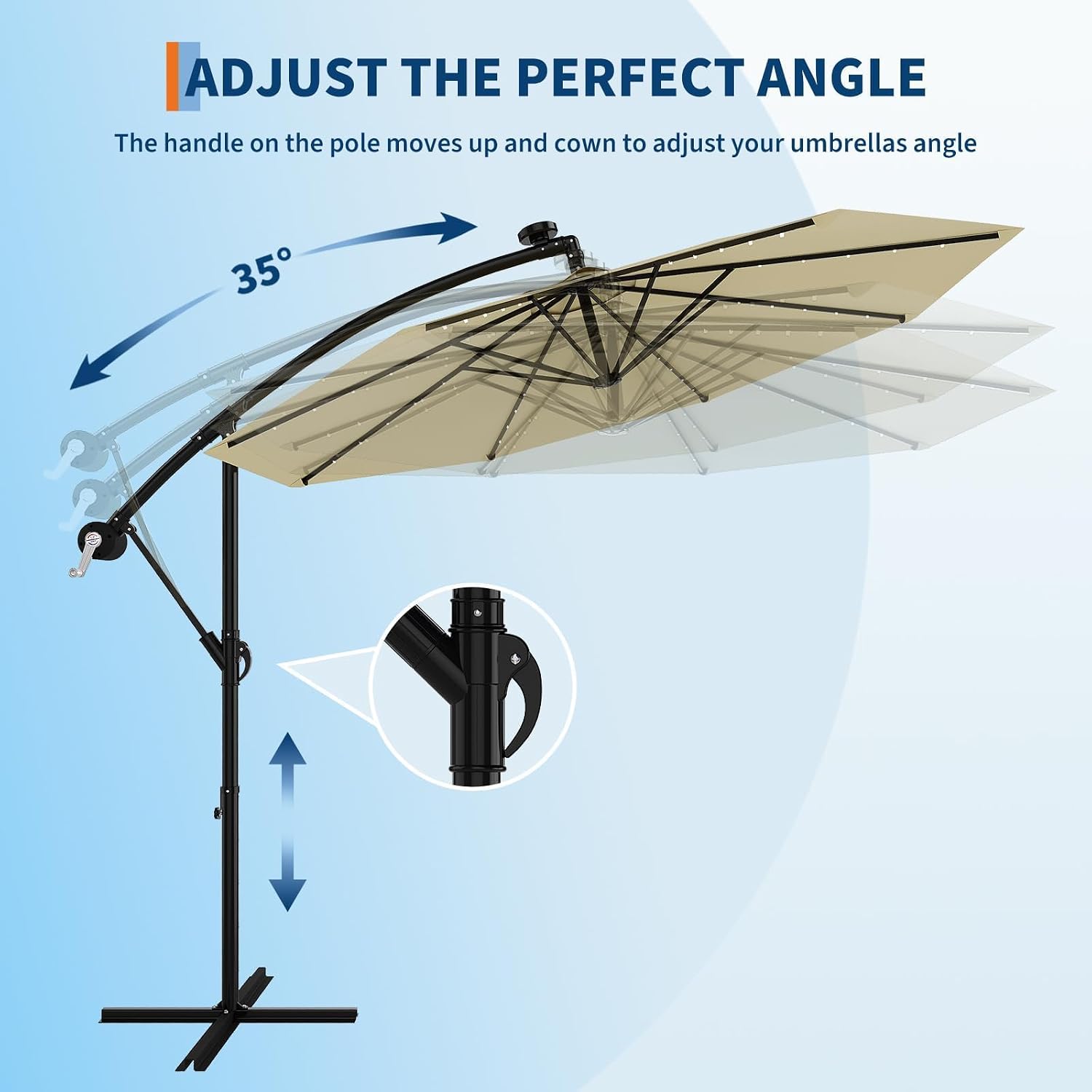 Garvee 10FT Solar Lights Cantilever Umbrella Outdoor Patio, Offset Patio Umbrella with Easy Lift & Tilt Adjustment, UV Protection Fade Resistant for Deck, Pool, Garden, Beige