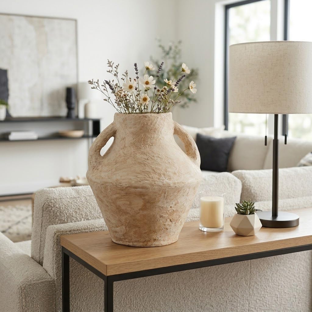 Paper Mache Vase – Flower Holder for Stems and Greenery, Living Room or Bedroom Shelf and Table Styling, Textured Pottery Look Home Decor Accent for Collected Spaces – 14', White Vase