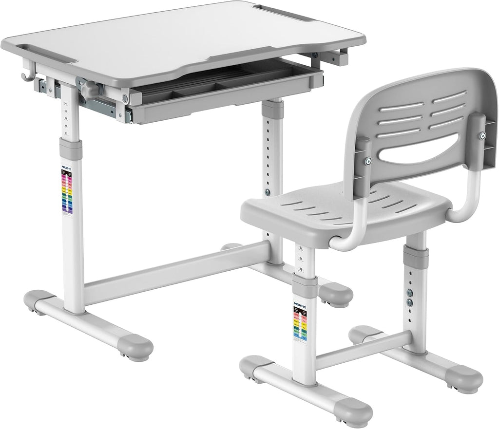 Mount-It! Kids Desk and Chair Set Height Adjustable up to 30' Ergonomic for School - Table and Chairs for Student 26' x 18' Tabletop with Pencil Drawer, 3-10 Age Children, Grey