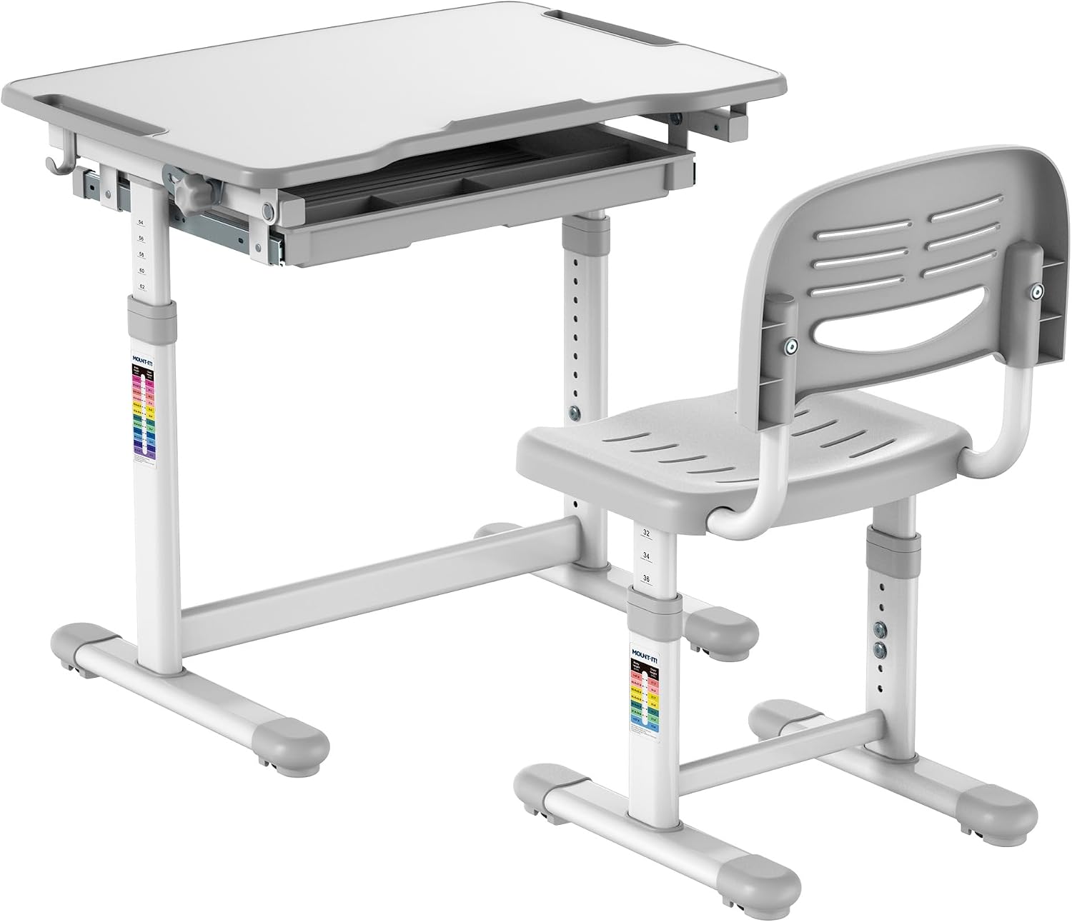 Mount-It! Kids Desk and Chair Set Height Adjustable up to 30' Ergonomic for School - Table and Chairs for Student 26' x 18' Tabletop with Pencil Drawer, 3-10 Age Children, Grey