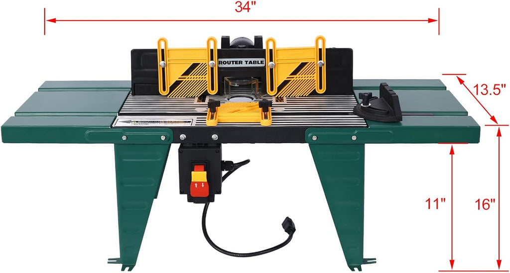 Electric Benchtop Router Table 34 in. x 13.5 in, Universal Benchtop Router Tables Top with Steel Stand, Adjustable Fence, Safety Guard & Miter Gauge for Woodworking, Craftsman Tool (Green)