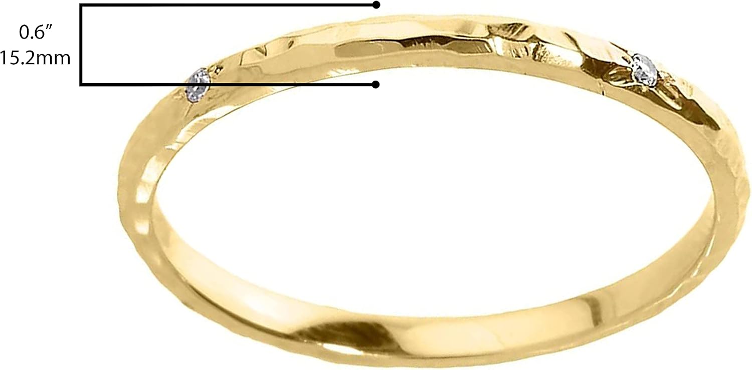 10K Yellow Gold Diamond Accented Hammered Stackable Slender Ring with Starburst Engraved Flush Set Gems (J-K Color, I1-I2 Clarity)