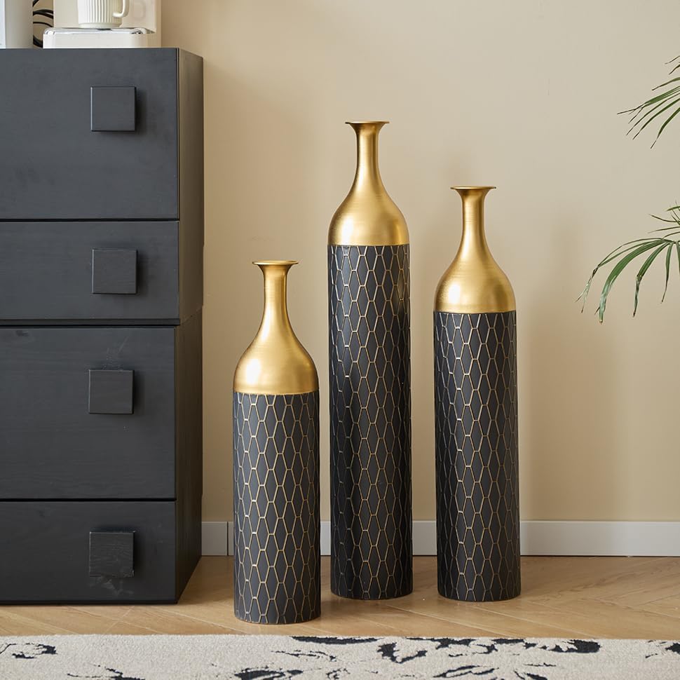 Floor Metal Decorated Vases Set of 3 for Gorgeous Home Decoration Large Glazed Metal Vases (Matte Black)